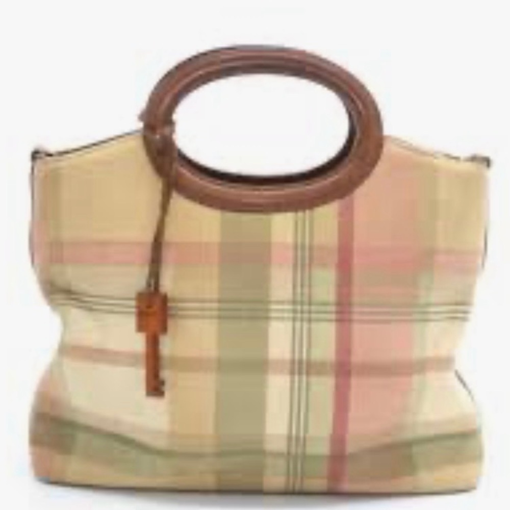 Fossil Plaid Canvas Tote Bag with Brown